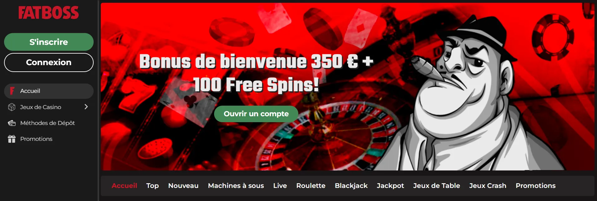 Interface utilisateur FatBoss Casino